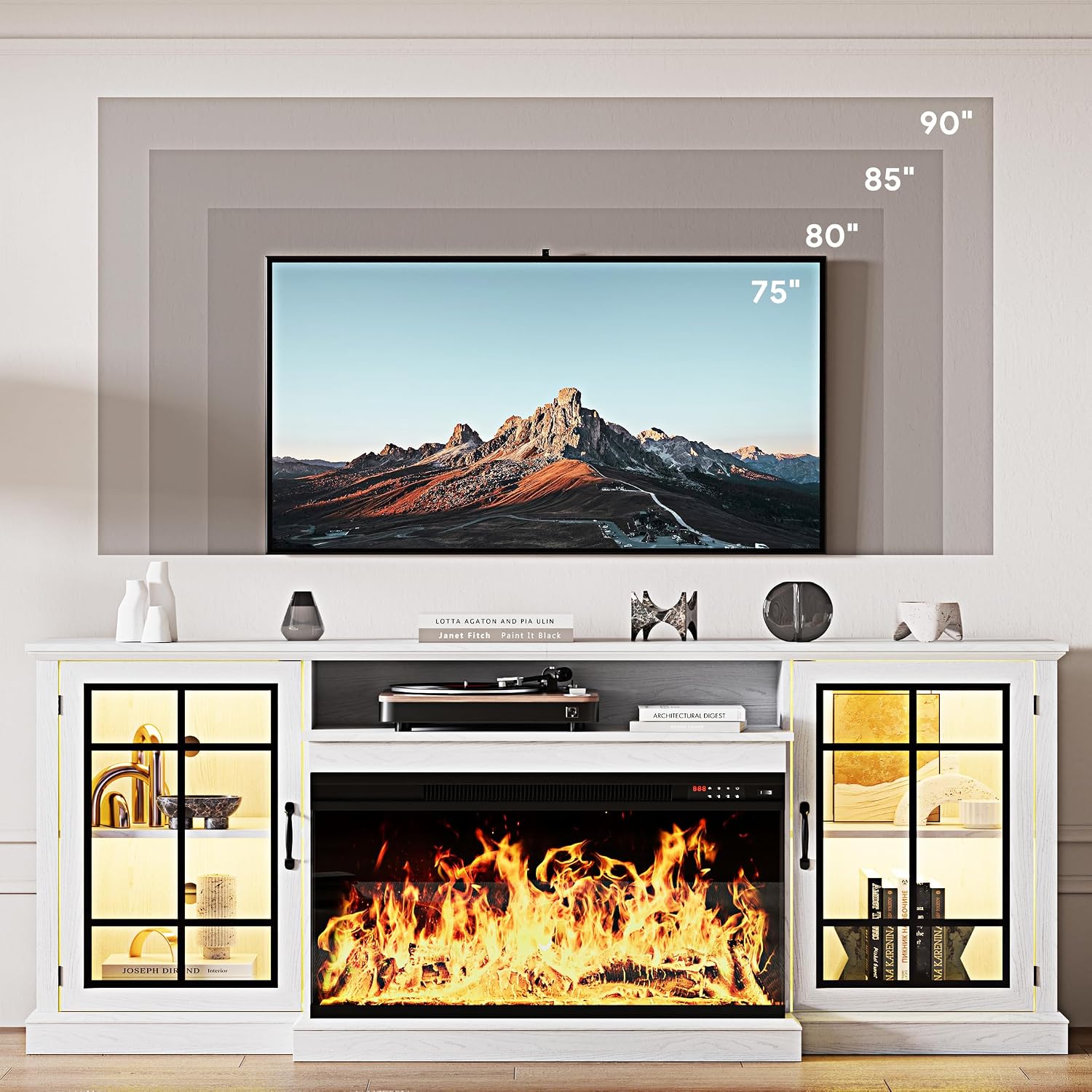 MXV 80'' Fireplace TV Stand, Farmhouse Entertainment Center with 3 Sided Glass TV Stand, Modern Media Console Table with Storage Drawers & Cabinets with LED Flame and Lights for Living Room, White
