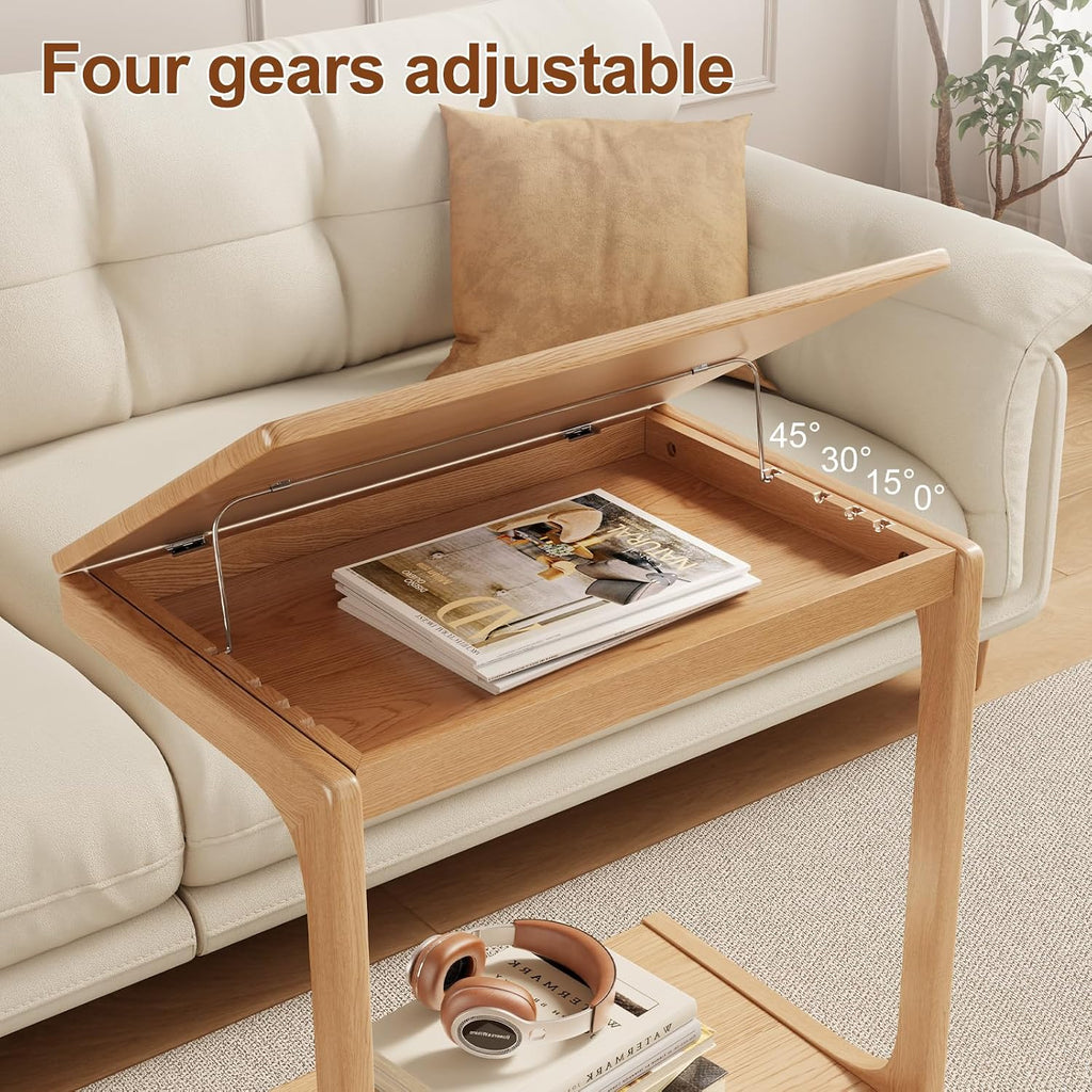 AQIMUELE Wooden C-Shaped End Table,Couch Table with Adjustable Desktop,Small Rolling Side Table with 2 Lockable Wheels 23.6' Width,Small End Table for Couch, Living Room,Bedroom (Natural)