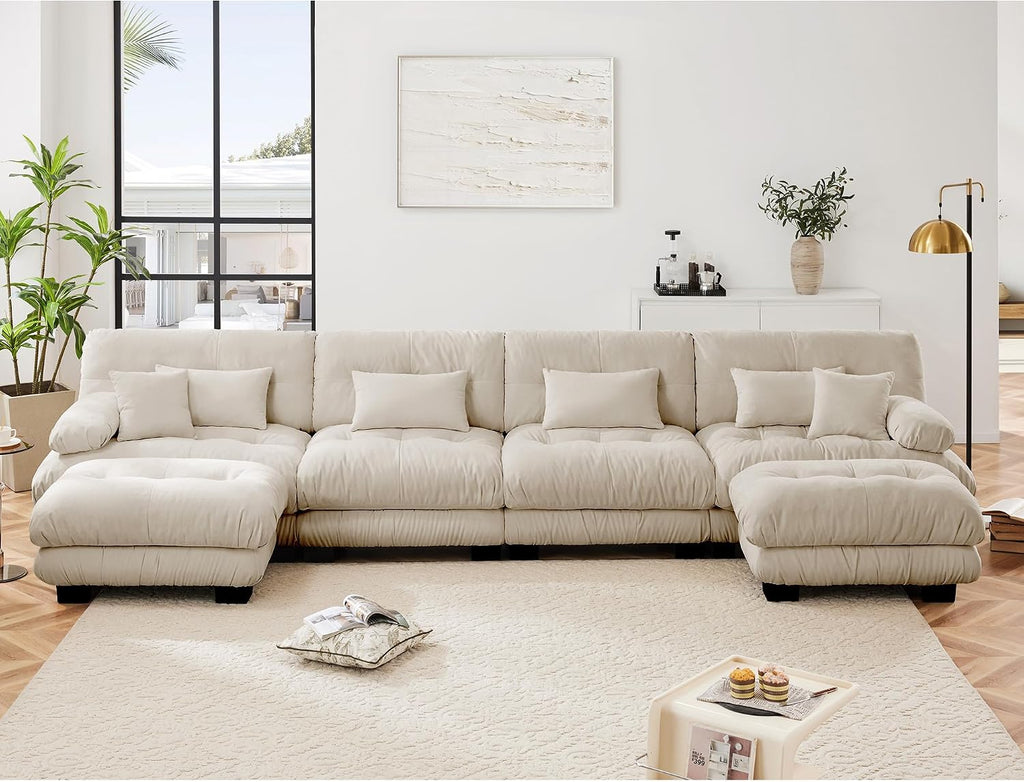 Modular Sectional Sofa, Comfy Cloud Couch 4 Seater Couch with Ottoman, Sectional Couches for Living Room, Modern Chenille U Shaped Couches, Sleeper Deep Seat Sofa with 6 Pillows, Light Coffee