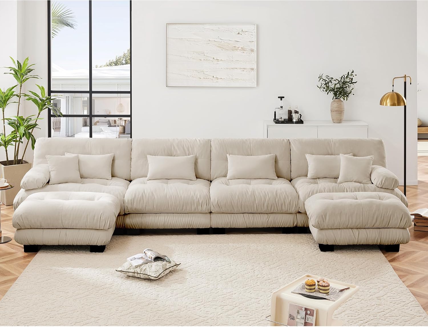 Modular Sectional Sofa, Comfy Cloud Couch 4 Seater Couch with Ottoman, Sectional Couches for Living Room, Modern Chenille U Shaped Couches, Sleeper Deep Seat Sofa with 6 Pillows, Light Coffee
