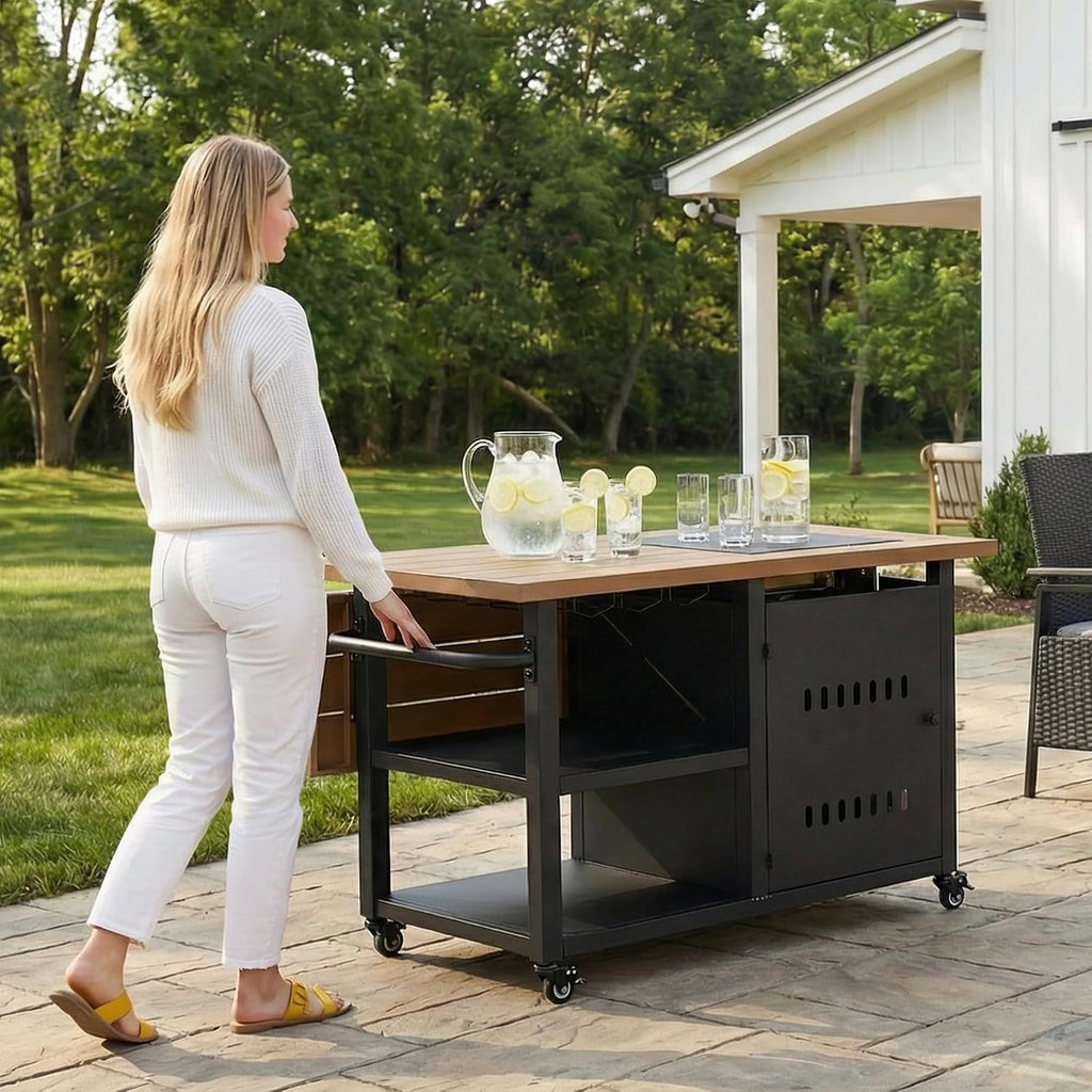 44' Propane Fire Pit, Gas Fire Pits for Outside Patio with Cover, Moveable Outdoor Storage Cabinet with Handle/Wine Guard, BBQ Grill Cart for Patio with Extendable Tabletop for Deck, Black