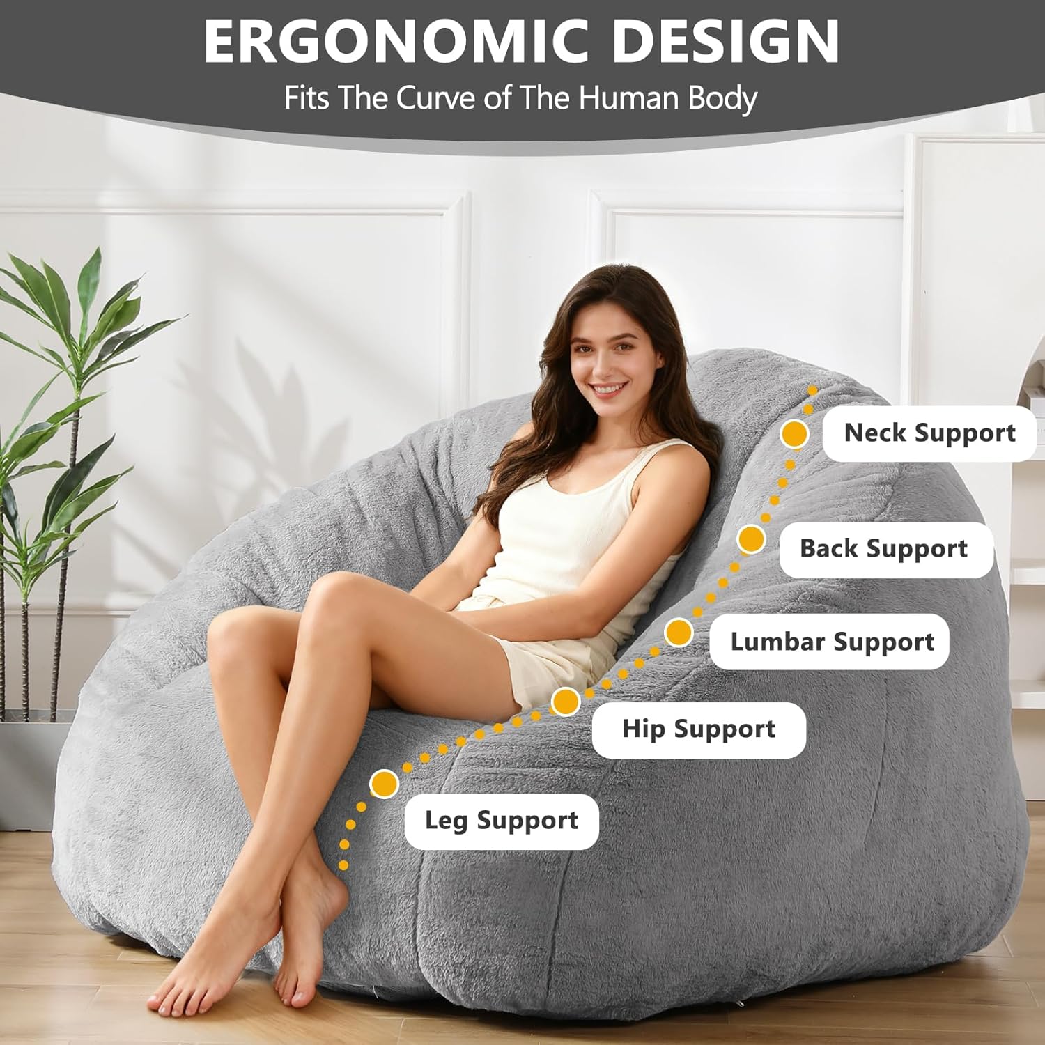 Bean Bag Chair for Adults, Soft Faux Fur Giant Beanbag Chairs, Oversized Cozy Bean Bag Couch Large Reading Chair, Comfy Bean Bag Sofa for Living Room, Bedroom & Dorm, Gray