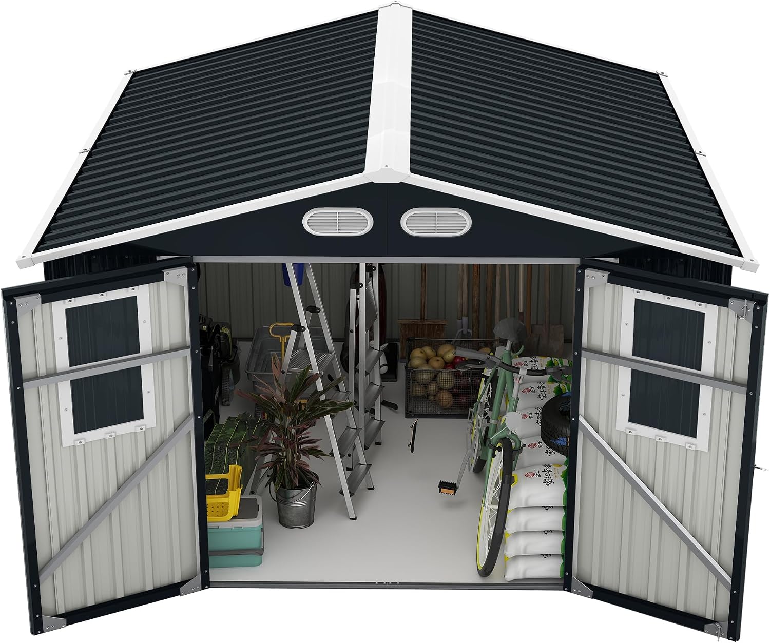 Metal Outdoor Storage Shed, 8x8 ft with Lockable Doors, Four Daylight Windows, Screened Vents, 120 sq ft Storage Space, Outdoor Garden Room ，Outdoor Pet Room (Dark Gray 8x8FT)