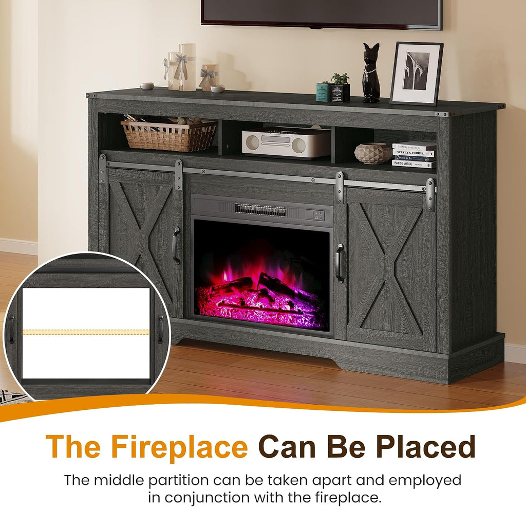 RoyalCraft Fireplace TV Stand for 65+ Inch TV, 34' Tall Farmhouse Entertainment Center with 23' Electric Fireplace,Rustic Media Console with Sliding Bar Door for Living Room, Grey