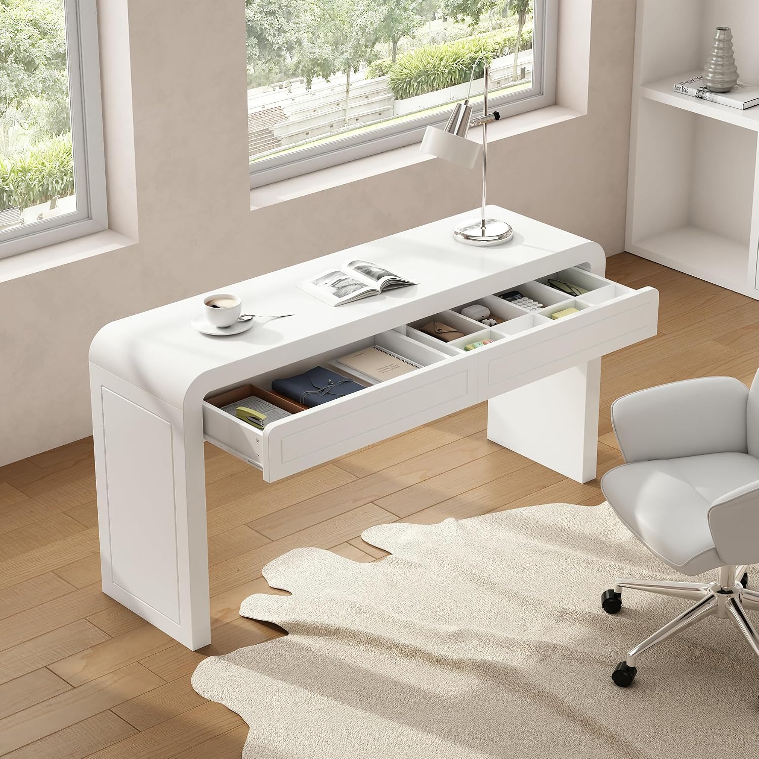 Merax 60' Entryway Console Table with Storage, 2 Drawers with Functional Divider/Retro Curved Design/Behind Couch & Sofa, White