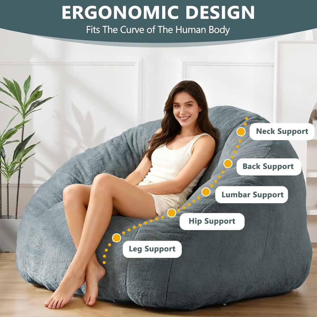 Bean Bag Chair for Adults, Soft Faux Fur Giant Beanbag Chairs, Oversized Cozy Bean Bag Couch Large Reading Chair, Comfy Bean Bag Sofa for Living Room, Bedroom & Dorm, Blue Grey