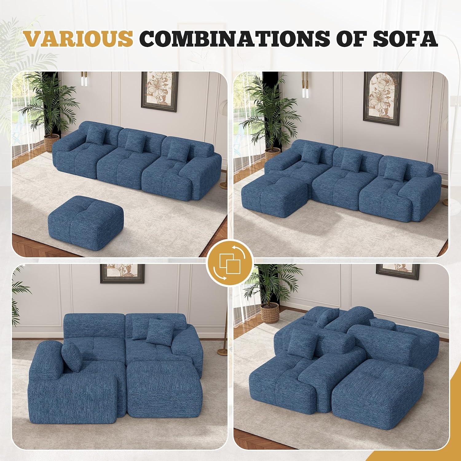 122' Modern Boneless Couches for Living Room, Convertible L Shaped Modular Sectional Sofa,4 Seater Cloud Couch Sofa Set, Blue 1 PCS