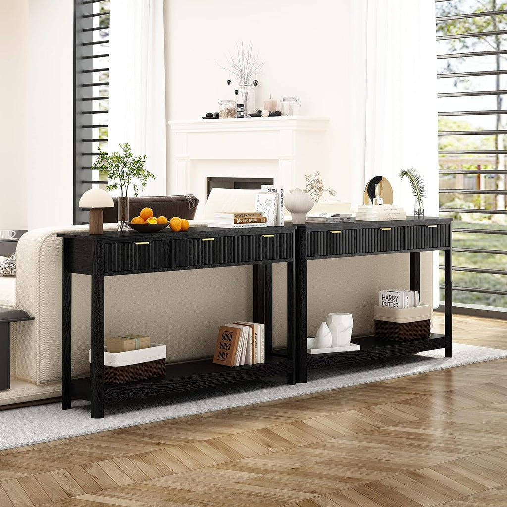 RUSTOWN Fluted Wood Console Table with 3 Drawers, Boho Narrow Behind Couch Entryway Table with Open Storage Shelf, Modern Sofa Table for Living Room, Foyer and Hallway (Black)