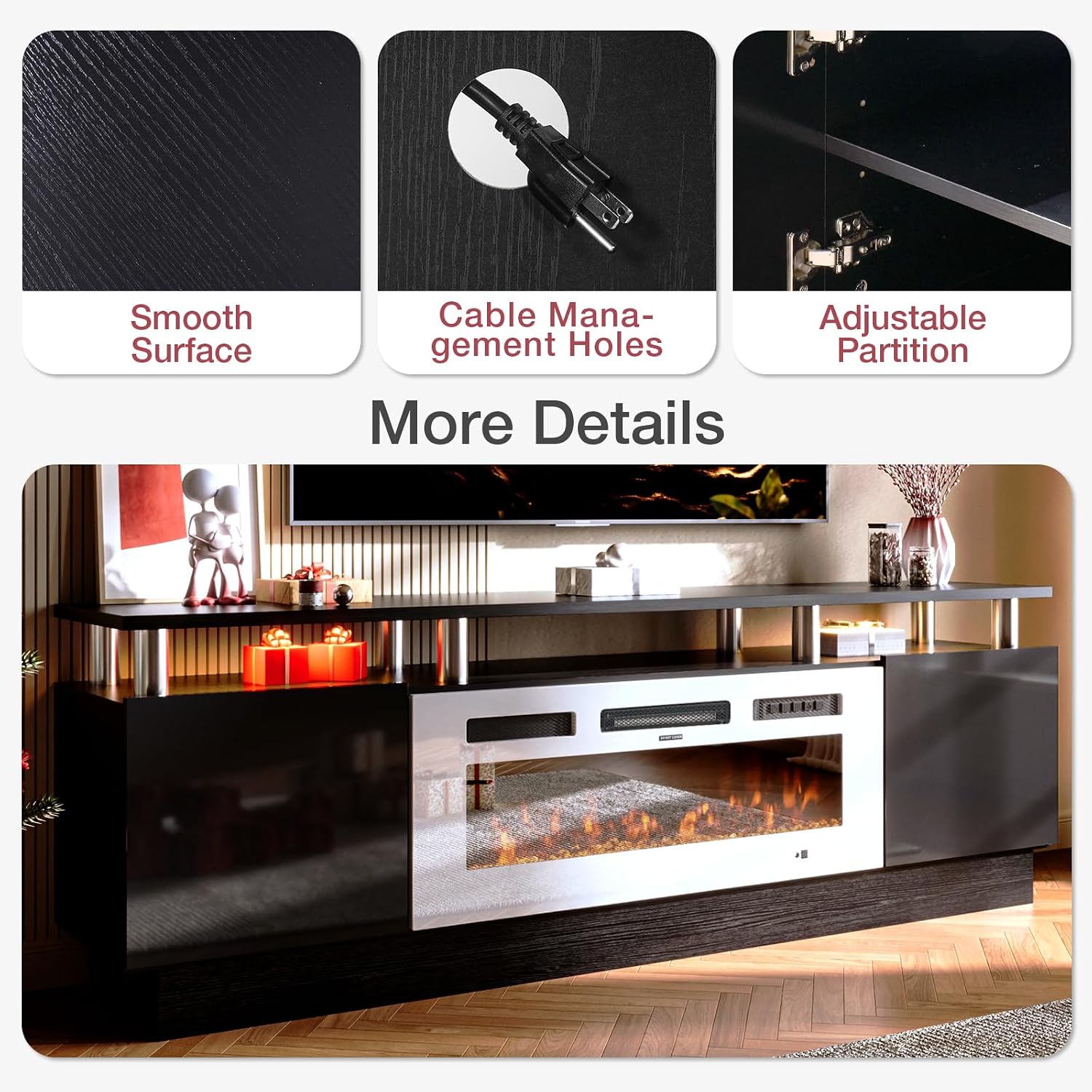 MXV 70' Fireplace TV Stand, Modern Entertainment Center & 36 Inch Electric Fireplace with Remote Control, LED Light, Fire Place Tv Stand for Living Room for TVs up to 80', Black + White