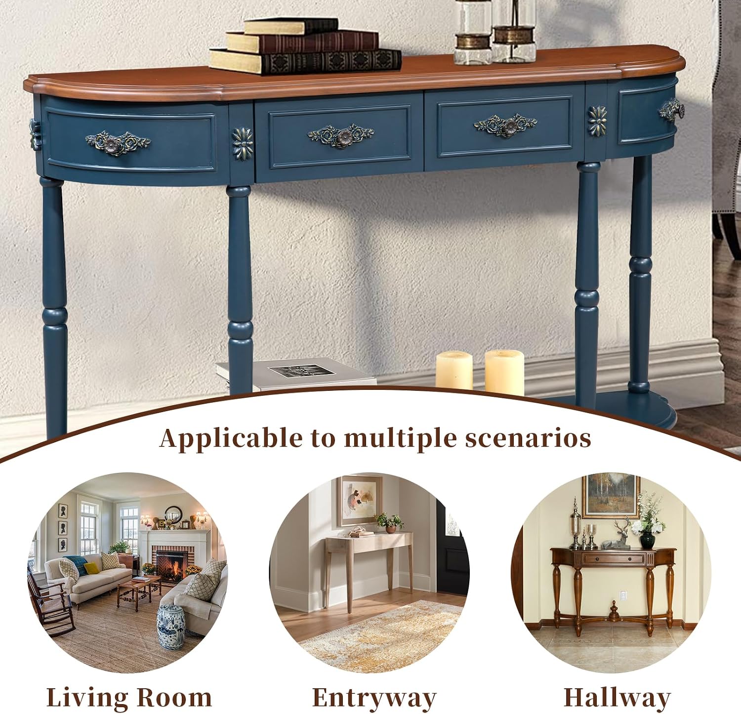 Retro Curved Console Table, 52' Half Moon Sofa Entryway With 2 Drawers 1 Open Shelf, Solid Pine Legs for Living Room, Hallway, Navy Blue
