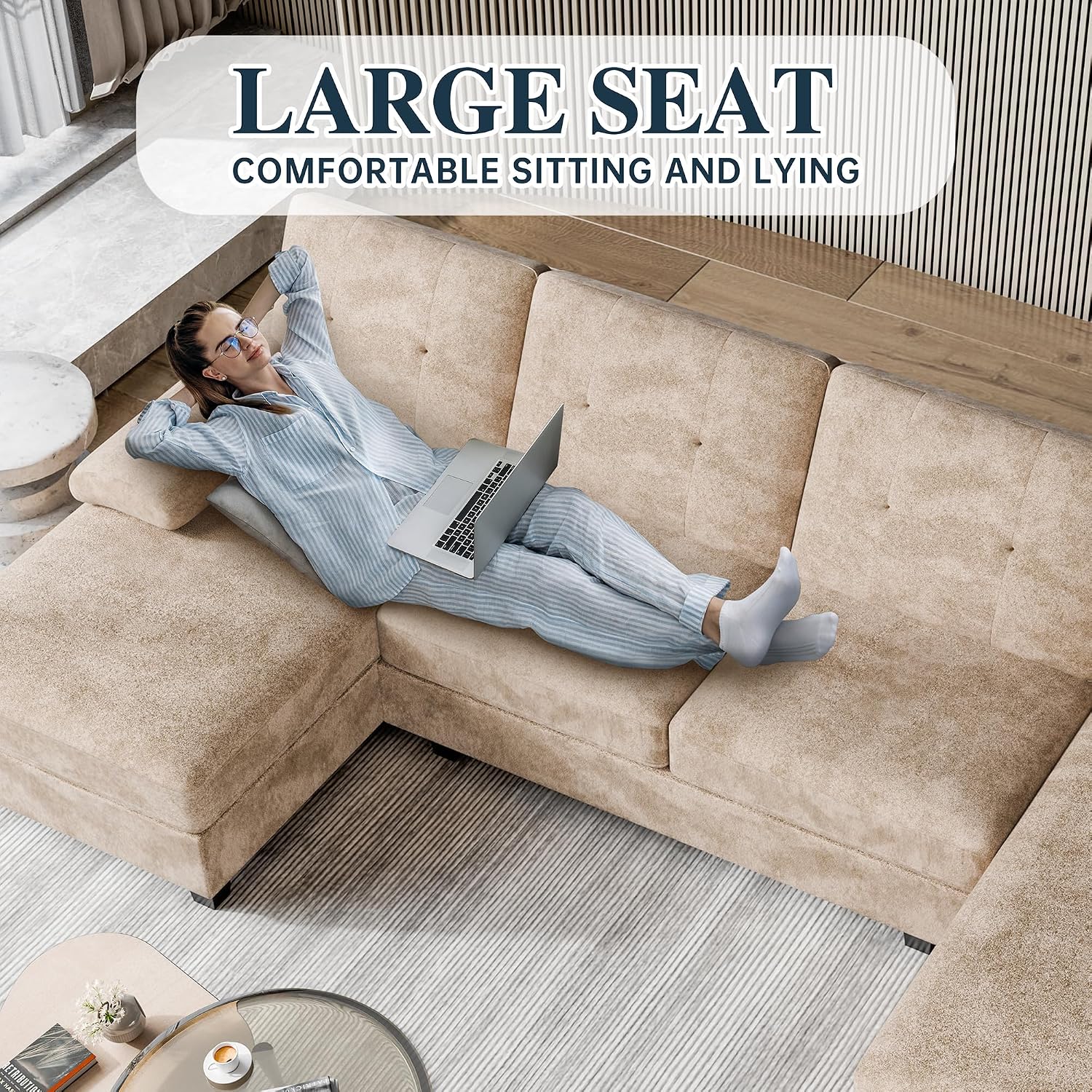 Sectional Couches for Living Room, 4 Seat Sofa Set U Shaped Couch with Double Chaise Lounges, Large Couch for Apartment (Light Beige)