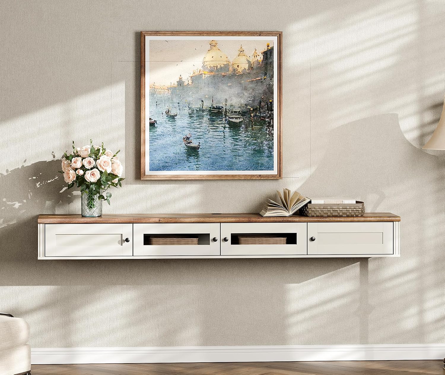 WAMPAT Floating TV Stand for TVs up to 80 Inches, Wooden Wall-Mounted TV Shelf with Charging Station, Modern Floating Entertainment Center for Living Room Decor, White