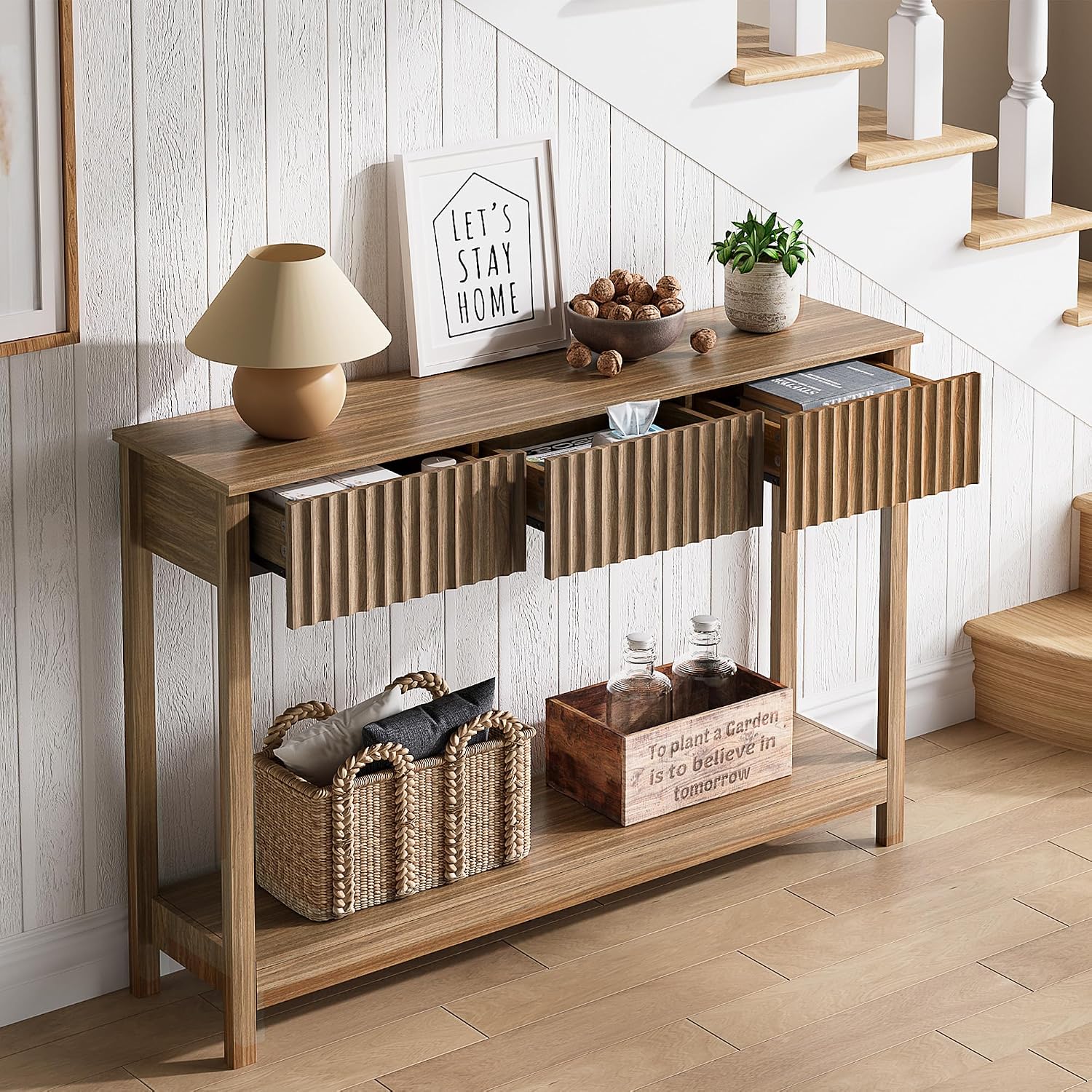 Treocho 47' Console Table with Drawers, Fluted Narrow Entryway Table with Open Shelf, Farmhouse Sofa Table Behind Couch for Hallway, Living Room, Brown