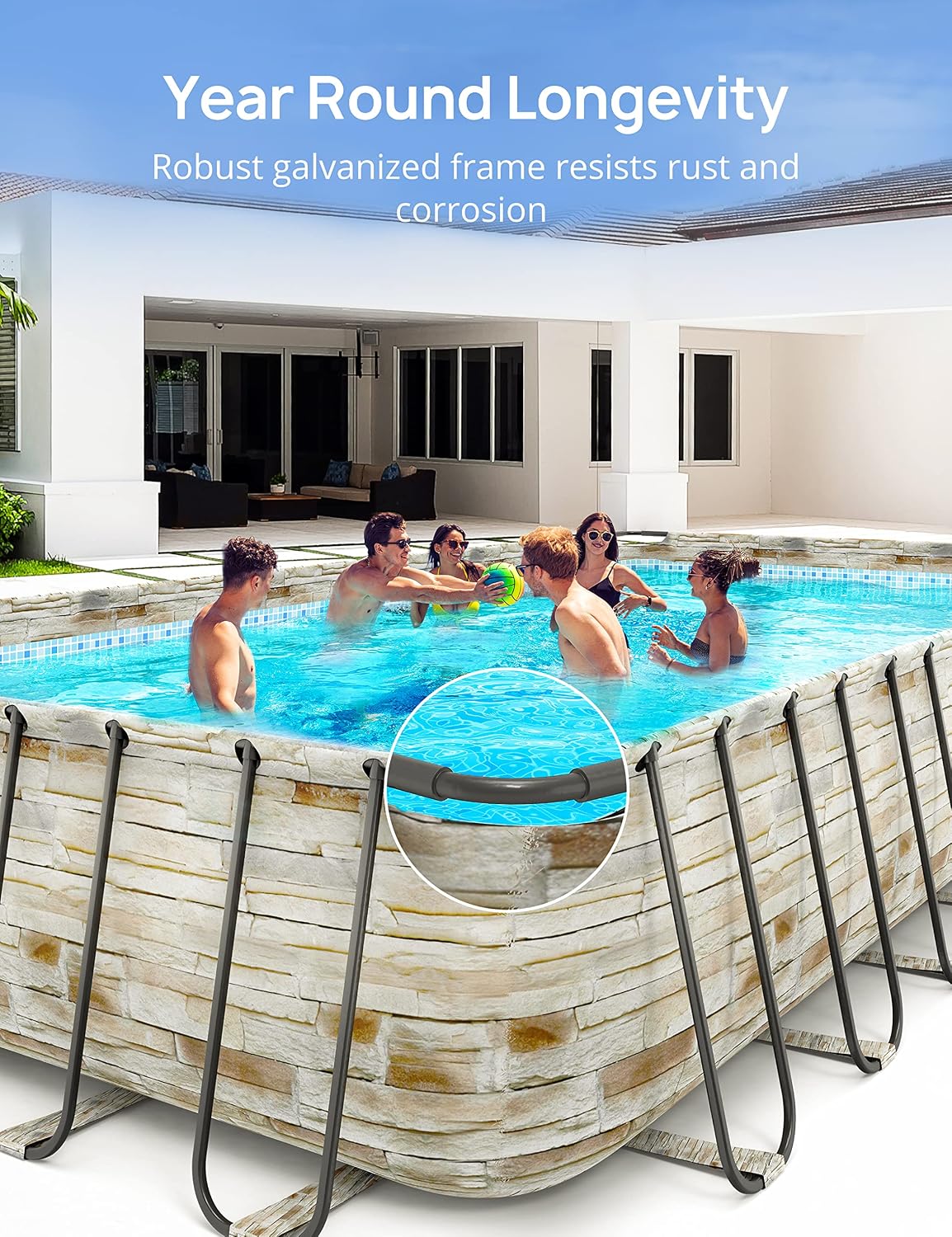 EVAJOY 32ft x 16ft x 52in Metal Frame Swimming Pool Set, Rectangular Above Ground Pool Cover with Sand Filter Pump, Pool Ladder, Ground Cloth for Backyard, Garden, PVC, Blue