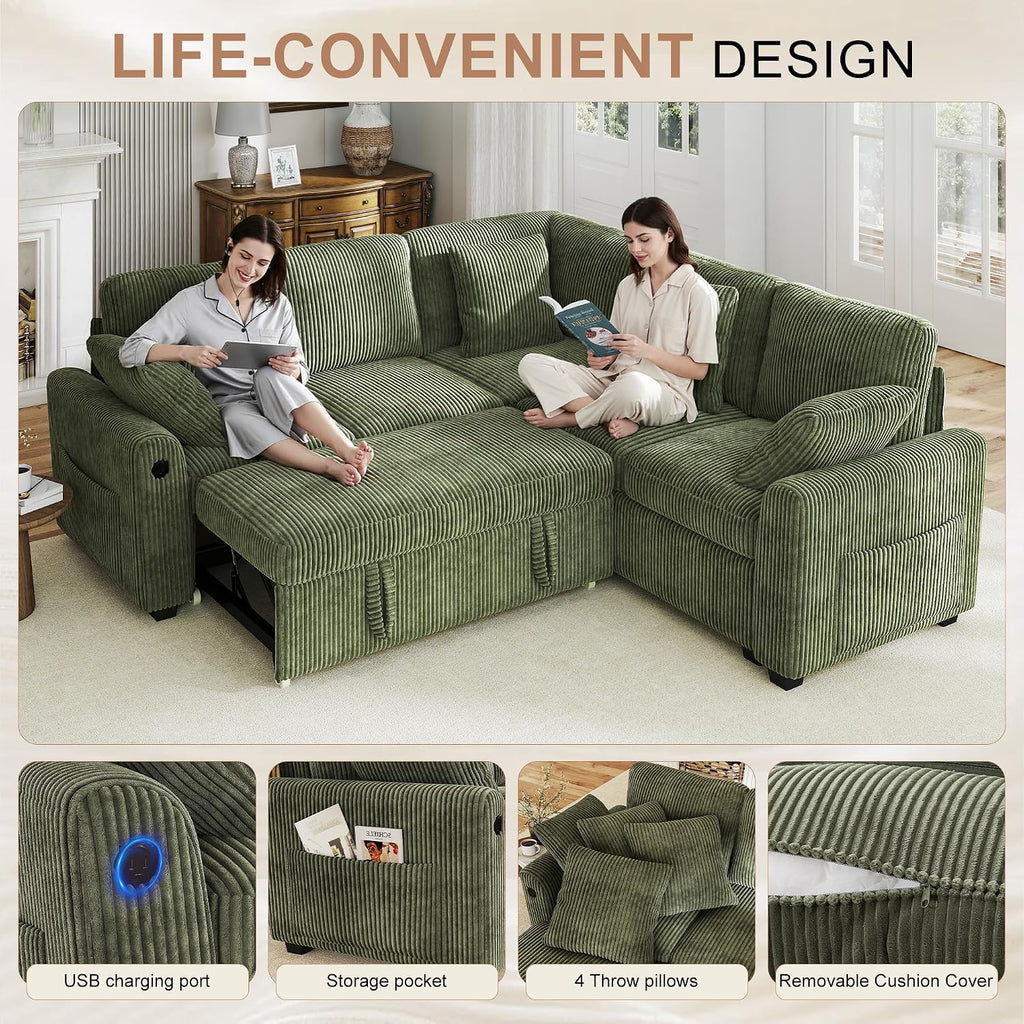 Hanherry Sectional Couch with Pull Out Sofa Bed,Corduroy Sleeper Sofa with 2 Seat Storage & USB Charging,Comfy L Shaped Modular Couches for Living Room,Apartment