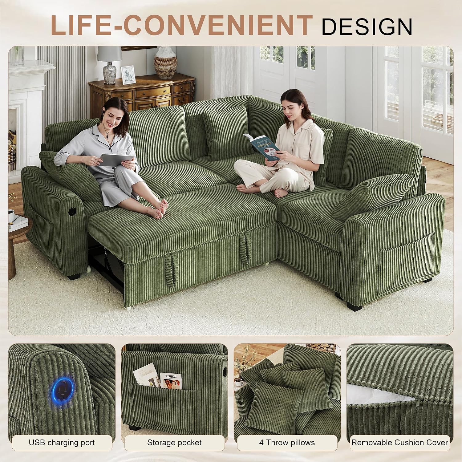 Hanherry Sectional Couch with Pull Out Sofa Bed,Corduroy Sleeper Sofa with 2 Seat Storage & USB Charging,Comfy L Shaped Modular Couches for Living Room,Apartment