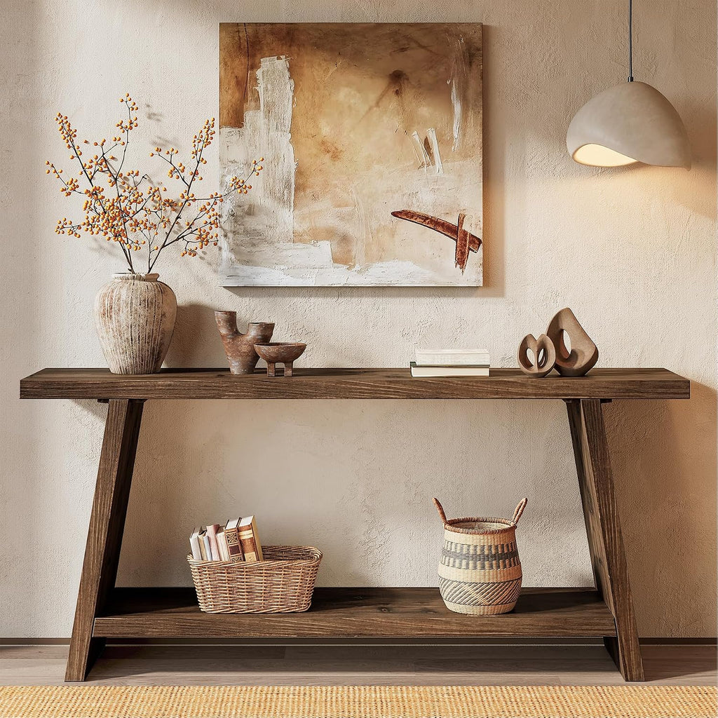 70.9'' Solid Wood Console Table, Narrow Long Sofa Table Behind Couch with 2-Tier Storage, Farmhouse Entryway Table for Living Room, Hallway, Foyer, Espresso Brown