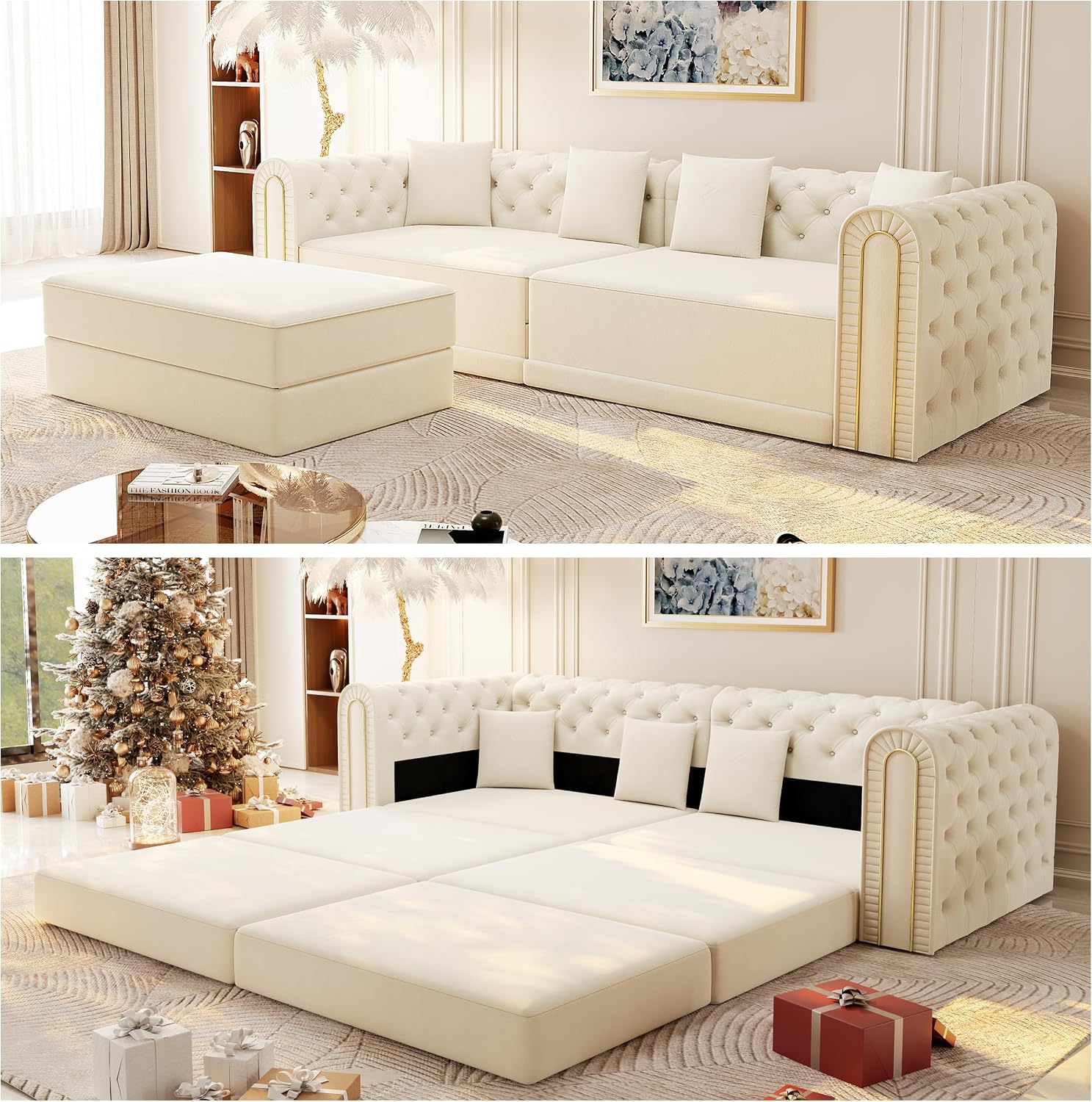 90.6' King Size Sleeper Sofa Bed, 3-in-1 Convertible Foldable Chesterfield Floor Couch with Ottoman, Oversized Velvet Button Tufted L Shaped Sofa for Living Room Small Spaces, Beige White