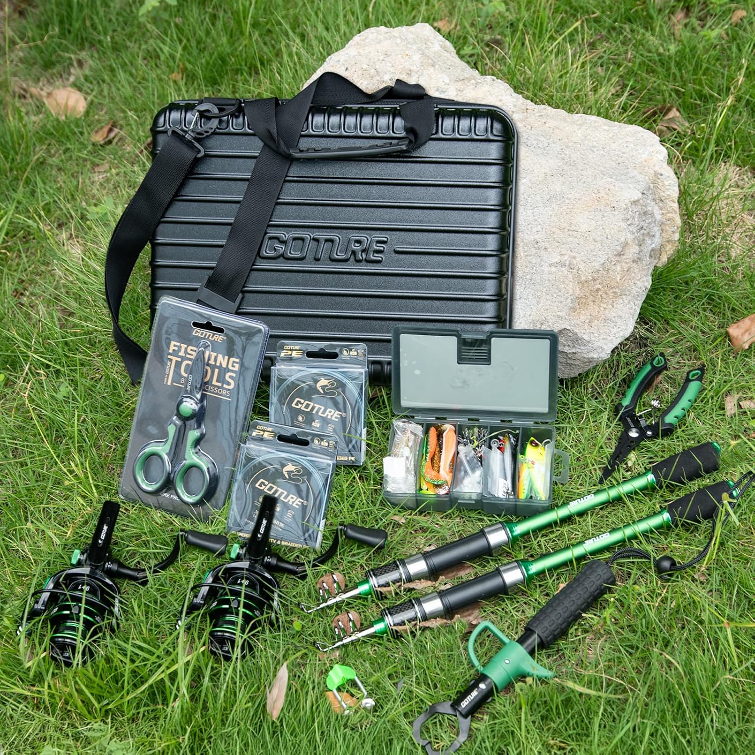 Goture Fishing Poles and Reels Combo - Green Telescoping Fishing Rod Portable Travel Kit with Carrier Bag for Freshwater Saltwater
