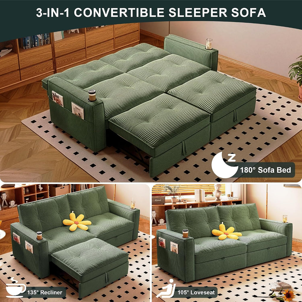 MAKIAAP Sleeper Sofa Bed, Queen Size Sofa Bed, Convertible Pull Out Couch with Adjustable Backrest, USB Port and Side Pockets, Modern 2 Seater Small Couches for Living Room, Space-Saving