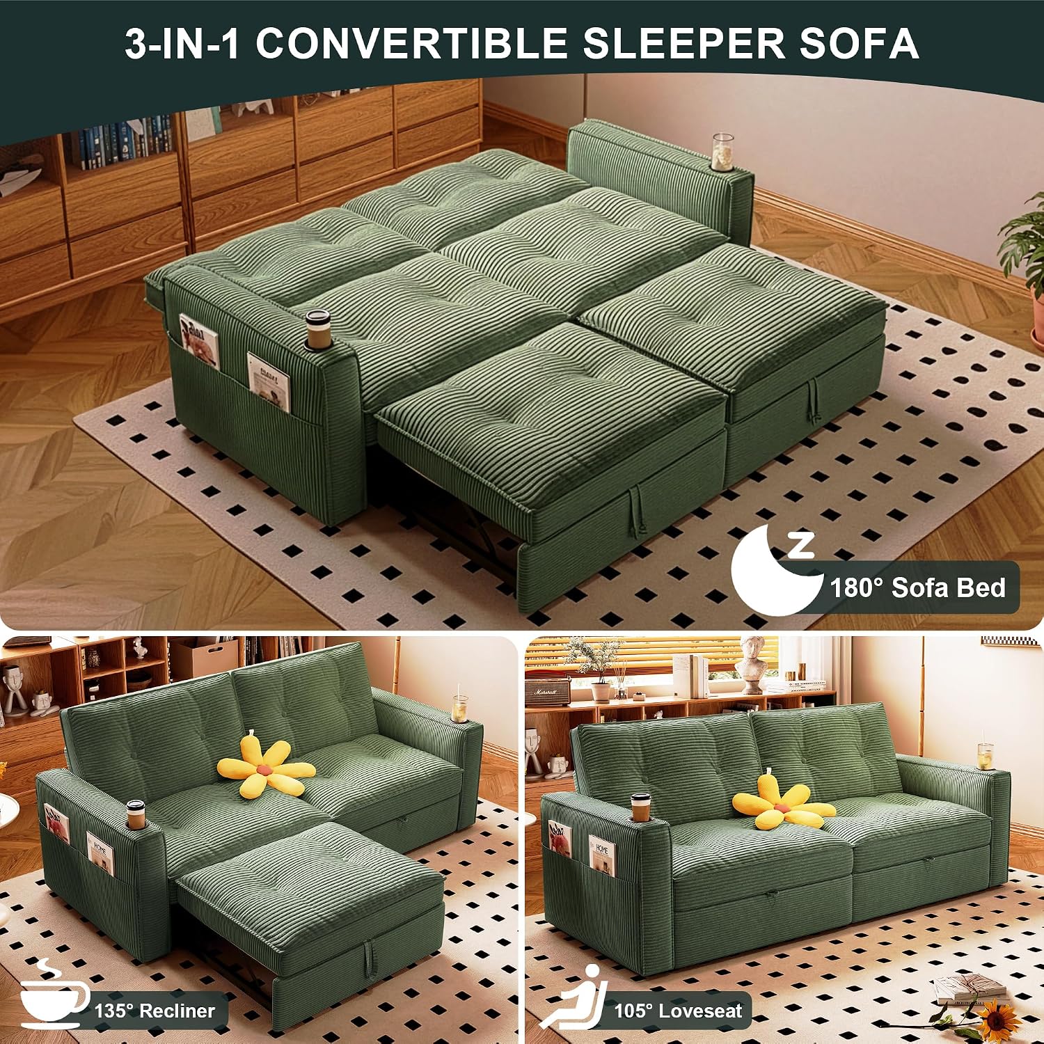 MAKIAAP Sleeper Sofa Bed, Queen Size Sofa Bed, Convertible Pull Out Couch with Adjustable Backrest, USB Port and Side Pockets, Modern 2 Seater Small Couches for Living Room, Space-Saving