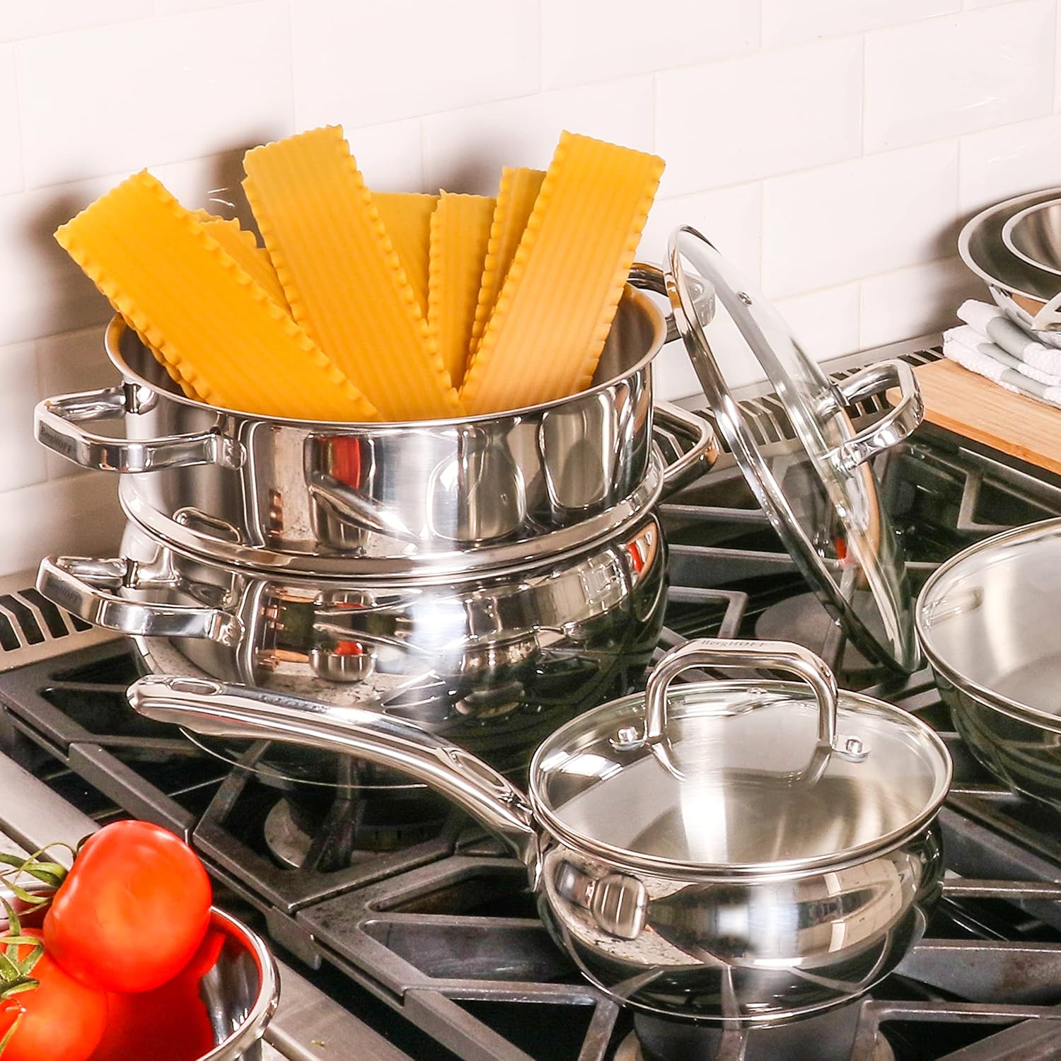BergHOFF Belly Shape 18/10 Stainless Steel 3Pc Steamer Set, Glass Lid, Fast, Evenly Heat, Induction Cooktop Ready