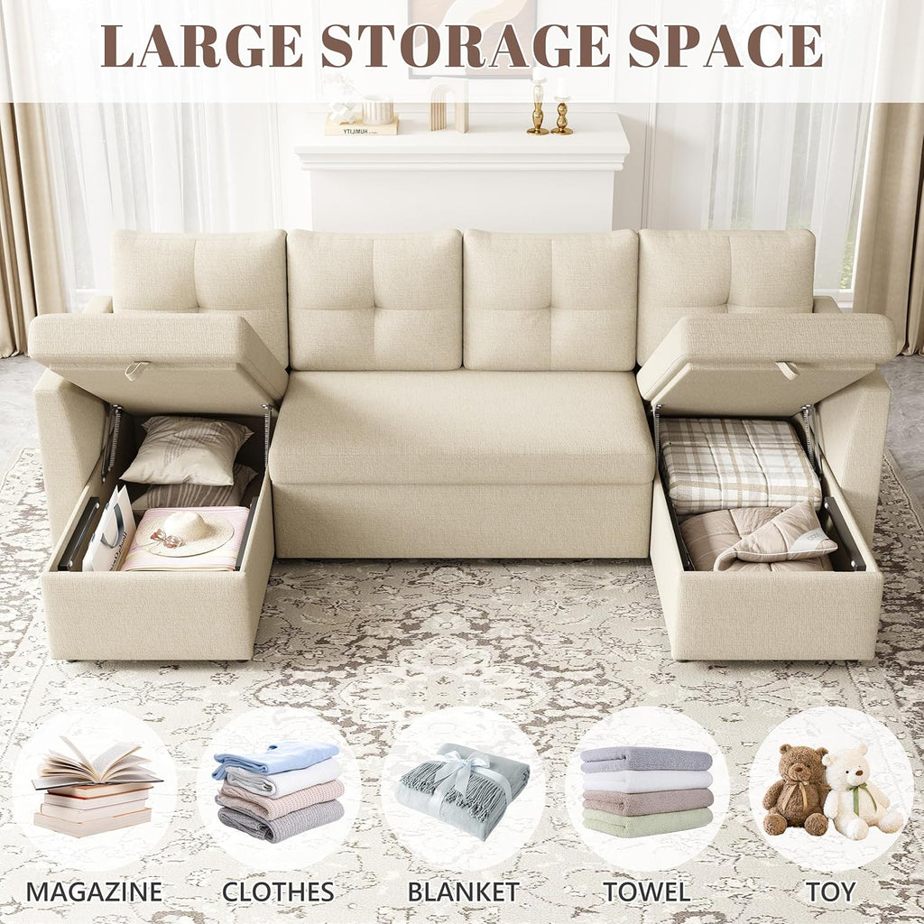 Huatean Home Oversized Sleeper Couch Sofa, Sectional Sleeper Sofa Bed with Side Pocket for Living Room, 110 inch 2 in 1 Pull Out Couch with Double Storage Chaise, Beige