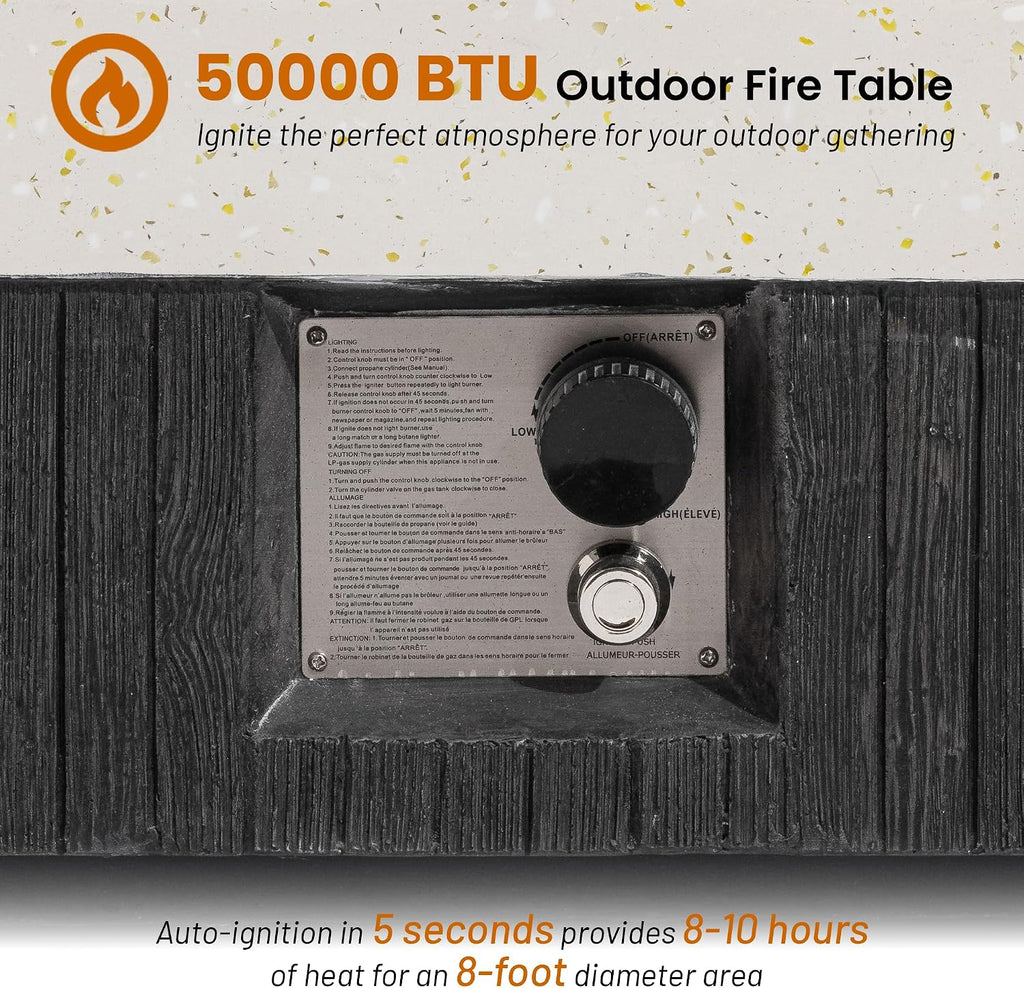 35inch Square Outdoor Propane Fire Pit Table-Black & White Finish,50000 BTU Auto-Ignition,CSA Certified,with 20 Gallon Tank Cover, Glass Wind Guard