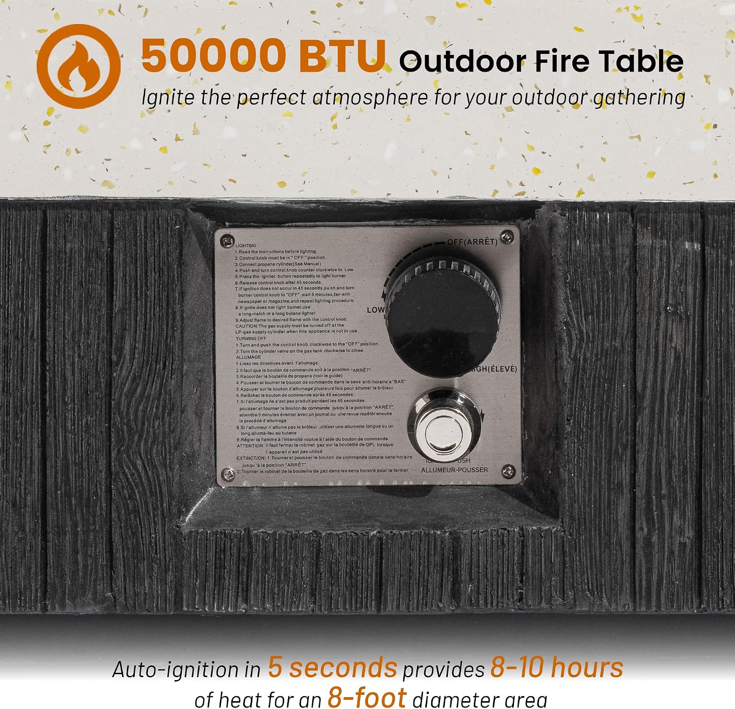 35inch Square Outdoor Propane Fire Pit Table-Black & White Finish,50000 BTU Auto-Ignition,CSA Certified,with 20 Gallon Tank Cover, Glass Wind Guard
