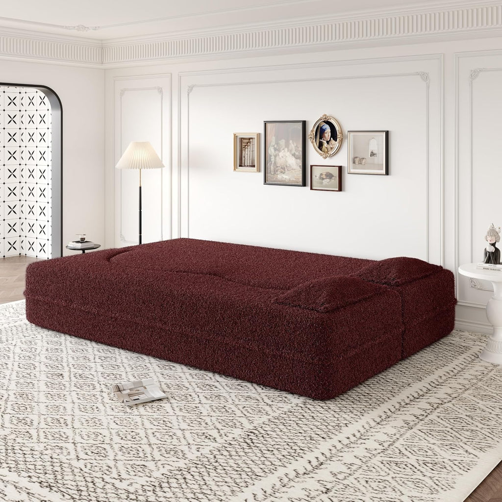Ball & Cast 78' Floor Sofa Bed with 2 Pillows,Convertible Teddy Fabric Foam-Filled Sleeper Sofa Bed,Pull Out Couch Full Size Folding Mattress for Living Room,Playroom,No Assembly Required,Burgundy
