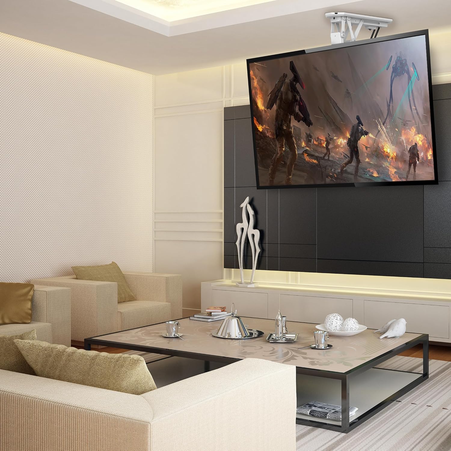 Mount-It! Electric Ceiling TV Mount with Remote and App Controller, Motorized Flip Down Fold Up Pitched Roof Mount Fits 32 to 70 Inch Flat Screen TVs, White