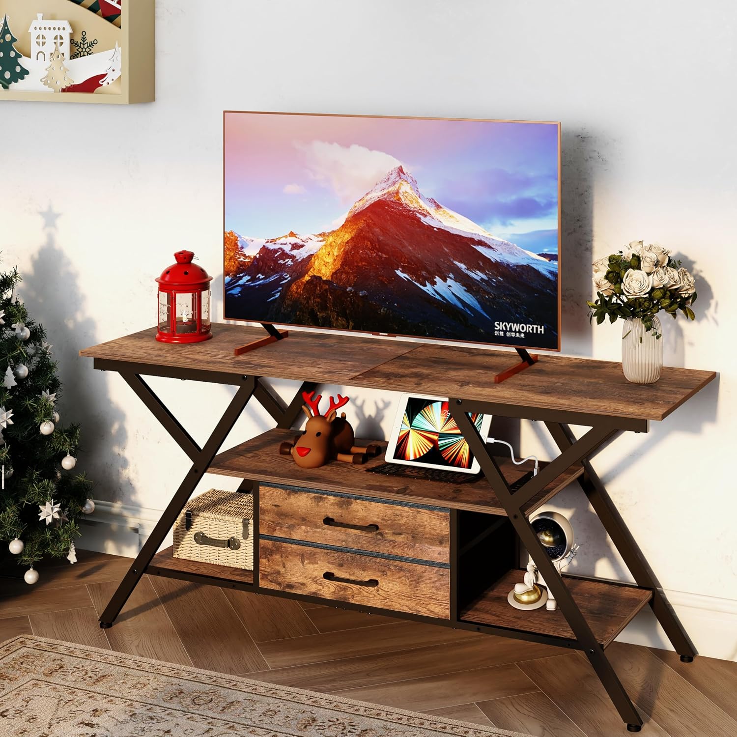 Simoretus TV Stand with Power Outlet and LED Lights, Fits TVs up to 65', 2 Fabric Drawers Entertainment Center with Open Storage Shelves, Media Console for Living Room, Bedroom (Rustic Brown)