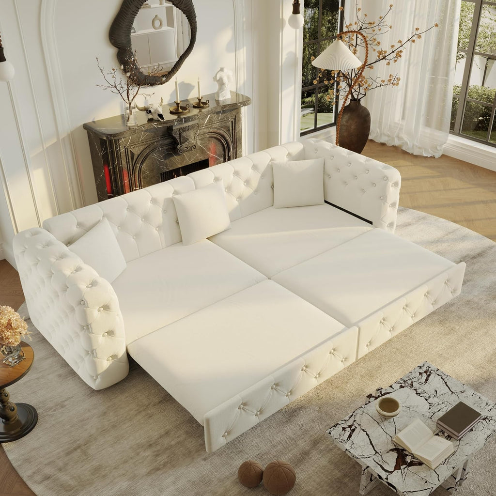 89' King Size Sleeper Sofa Bed, 3-in-1 Convertible Pull Out Chesterfield Sleeper Couch, Oversized Velvet Button Tufted Loveseat Sofa for Living Room Small Spaces, Beige White