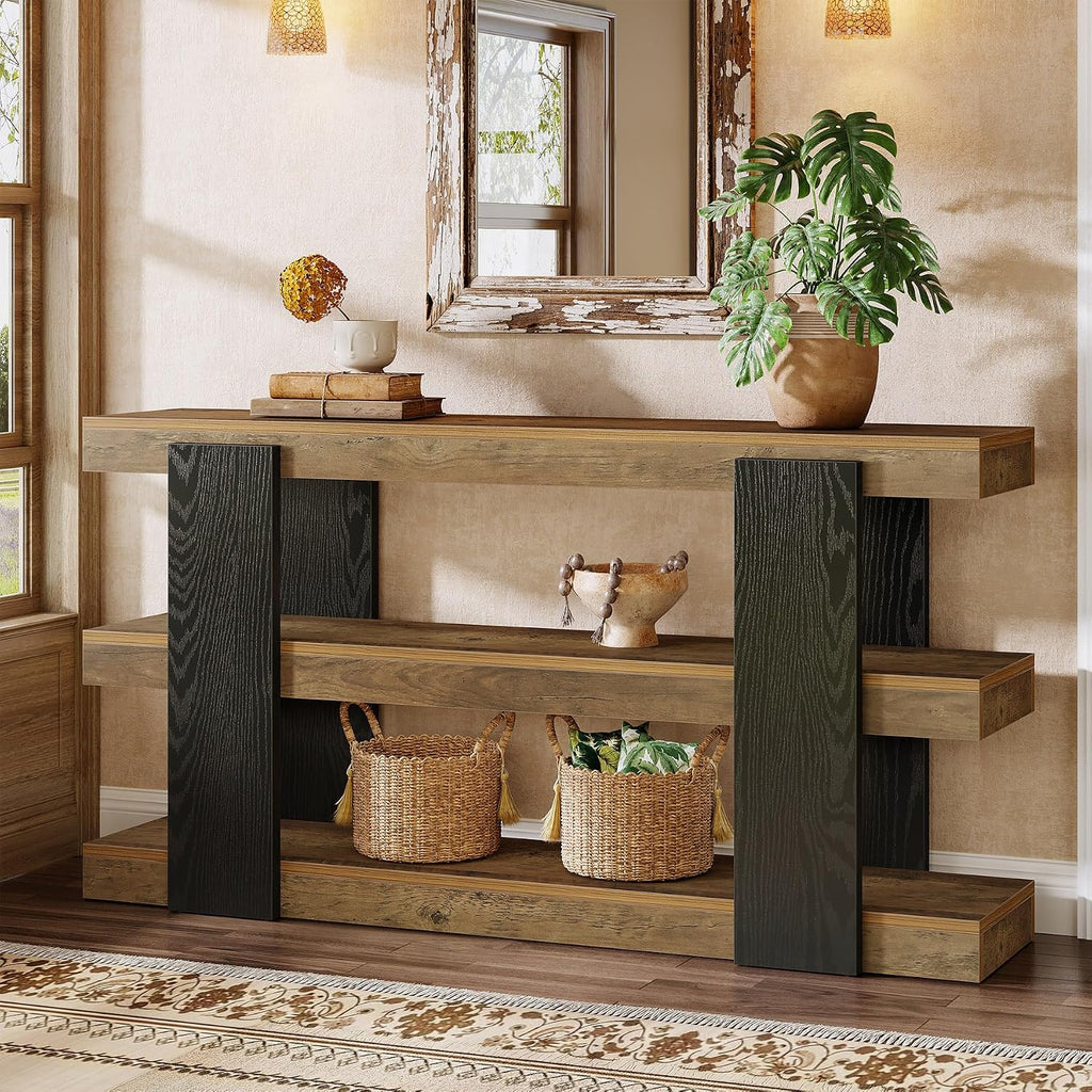 Tribesigns 63-Inch Long Console Table, 3-Tier Entryway Table with Storage, Farmhouse Wood Behind Couch Tables for Entryway, Living Room, Hallway, Rustic Brown & Black