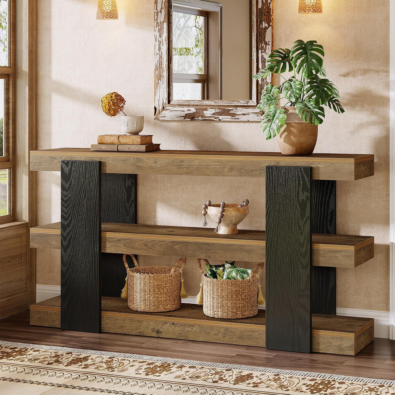 Tribesigns 63-Inch Long Console Table, 3-Tier Entryway Table with Storage, Farmhouse Wood Behind Couch Tables for Entryway, Living Room, Hallway, Rustic Brown & Black