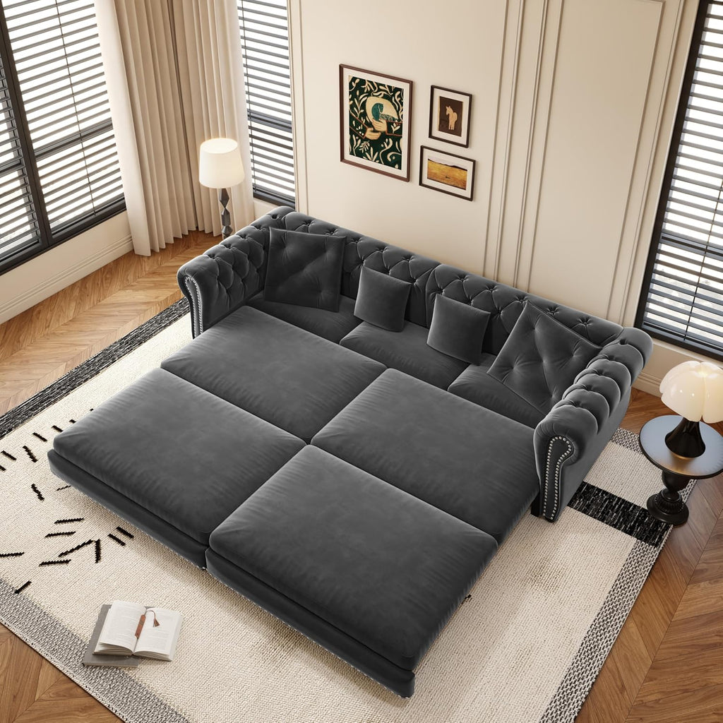 Ball & Cast 3-in-1 Convertible Sofa Bed with Movable Ottoman, 89' Pull Out Couch Bed King Size, Velvet 3 Seater Sleeper Sofa with Nailhead Trim & Rolled Arm,Sofa Couches for Living Room,Blue