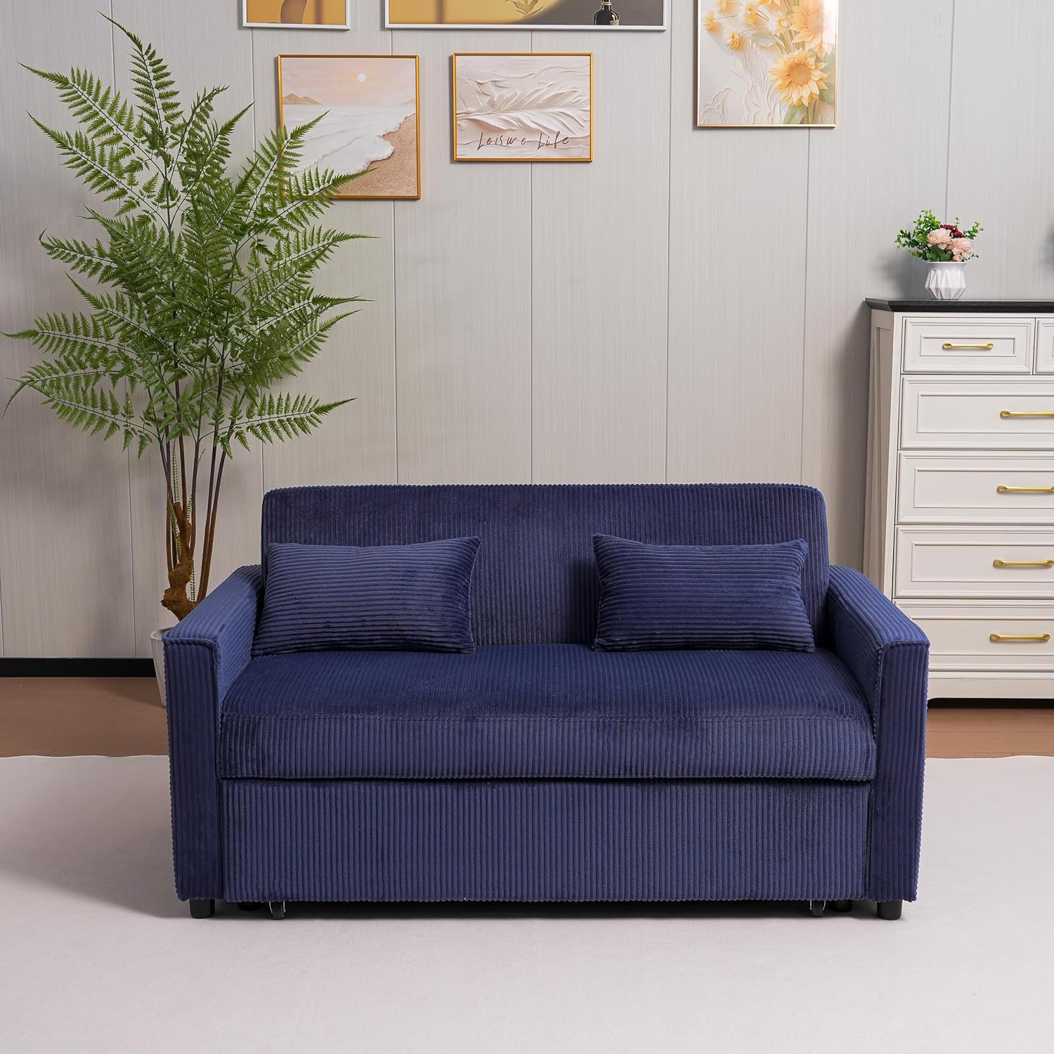 Ball & Cast 55' 3 in 1 Loveseat Futon Sofa-Bed,Convertible Pull Out Couch,Corduroy Upholstered Sleeper Sofa Bed with Adjustable Backrest,Side Pocket and 2 Pillows,Chaise Lounge for Living Room,Blue