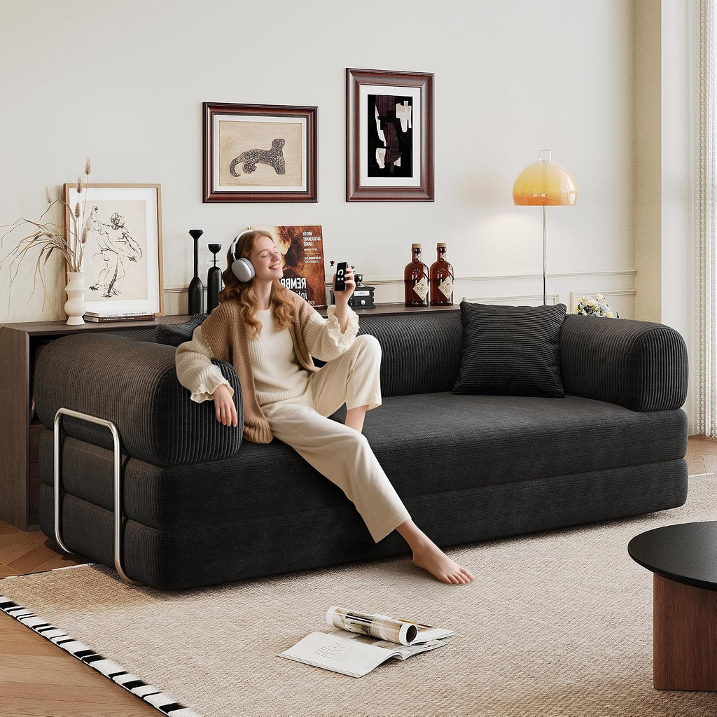 Ball & Cast 78.8' No-Assembly Compressed Sofa Bed, Convertible Floor Futon Couch with Pillow Backrest & Armrest, Boneless Modular Sleeper Sofa in Corduroy for Living Room Bedroom, Black
