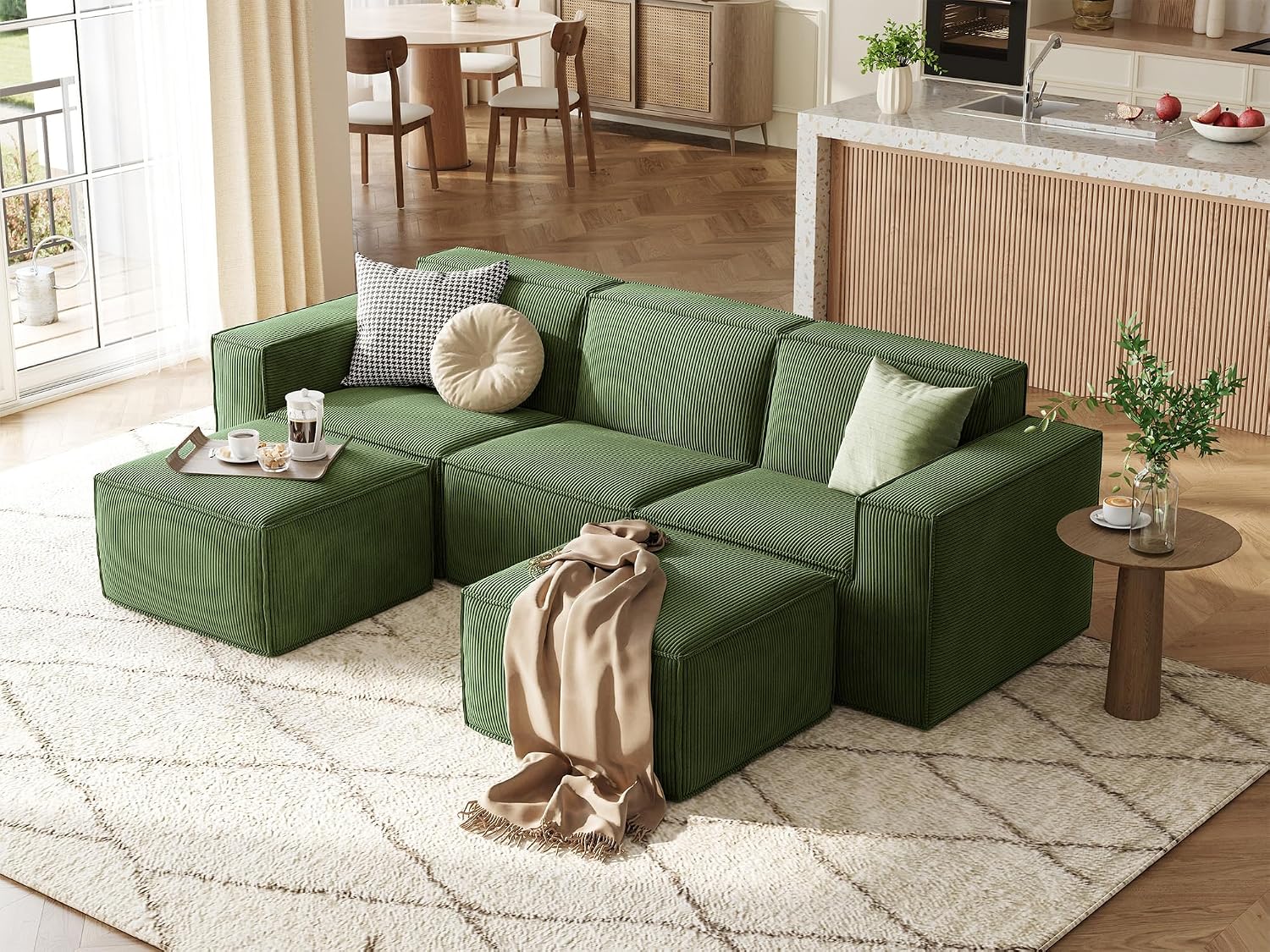 LINSY HOME Modular Sectional Sofa, 105' Boneless Couch U Shaped 3-Seat Sofa with 2 Ottomans, Corduroy Sectional Cloud Couches for Living Room, No Assembly Required, Green