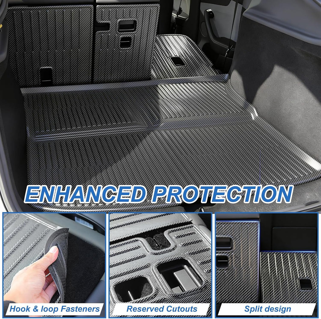 Carbon Fiber Pattern Floor Mats Custom Fit for Tesla Model Y Juniper 2025 2026 5-Seater,8-Piece All Weather TPE Set with Trunk Sill Protector & Rear Seat Back Cover(Not for Standard)
