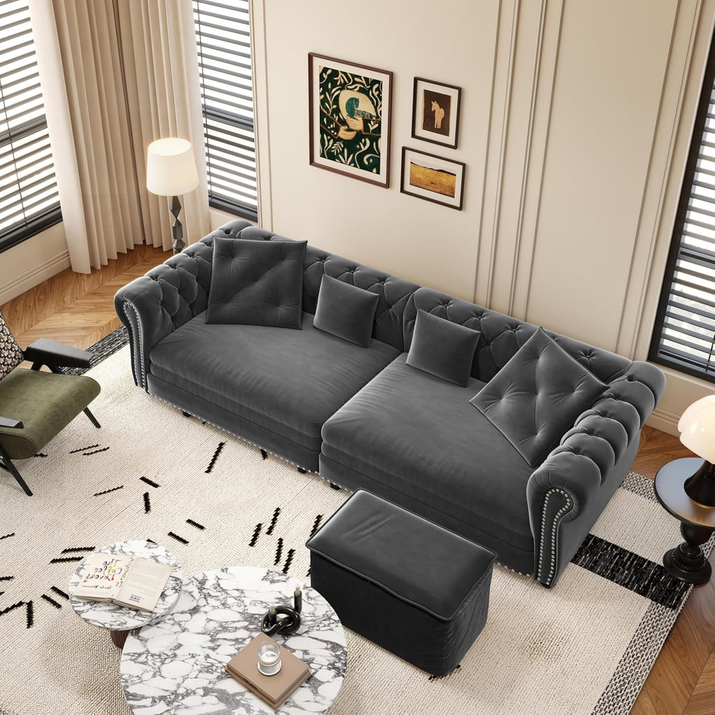 Ball & Cast 3-in-1 Convertible Sofa Bed with Movable Ottoman, 89' Pull Out Couch Bed King Size, Velvet 3 Seater Sleeper Sofa with Nailhead Trim & Rolled Arm,Sofa Couches for Living Room,Blue