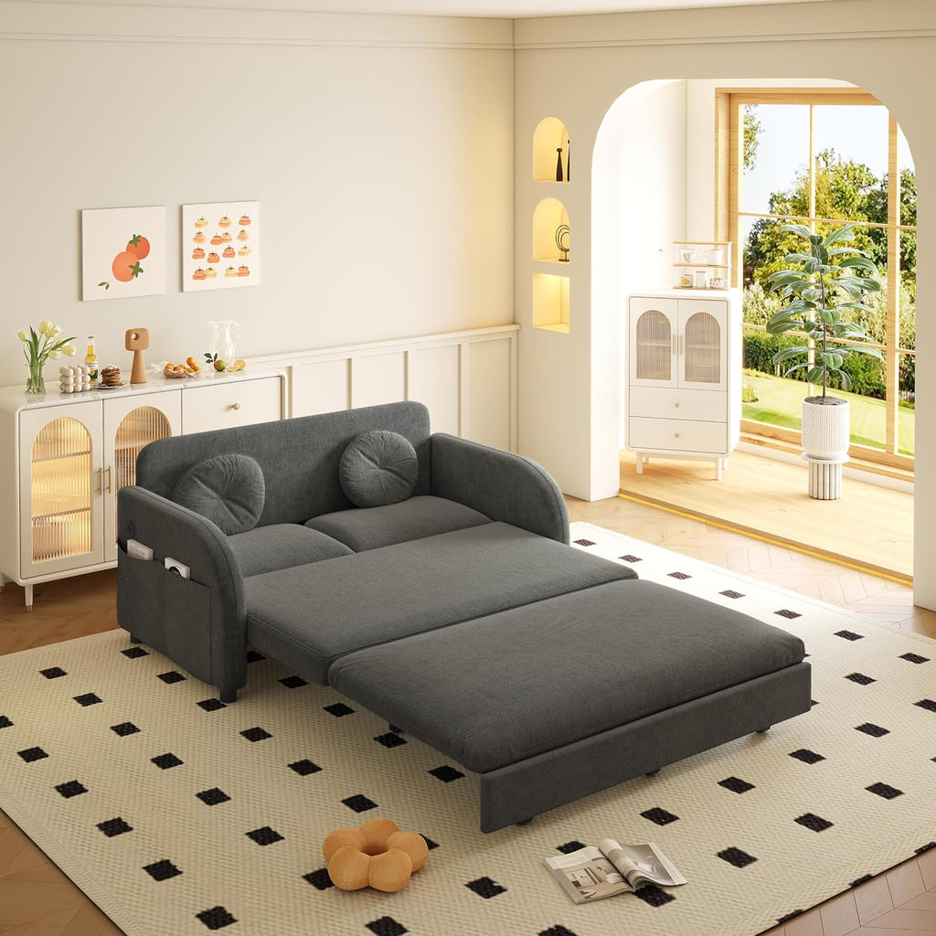 52.4'' Pull Out Couch Full-Size, Futon Sofa Bed, Convertible Sleeper Sofa Bed with USB Port, Storage Pockets, 2 Pillows, Modern Chenille Loveseat Couches for Small Space, Living Room, Grey