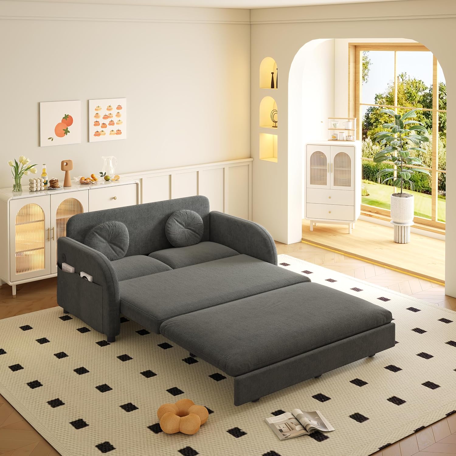 52.4'' Pull Out Couch Full-Size, Futon Sofa Bed, Convertible Sleeper Sofa Bed with USB Port, Storage Pockets, 2 Pillows, Modern Chenille Loveseat Couches for Small Space, Living Room, Grey