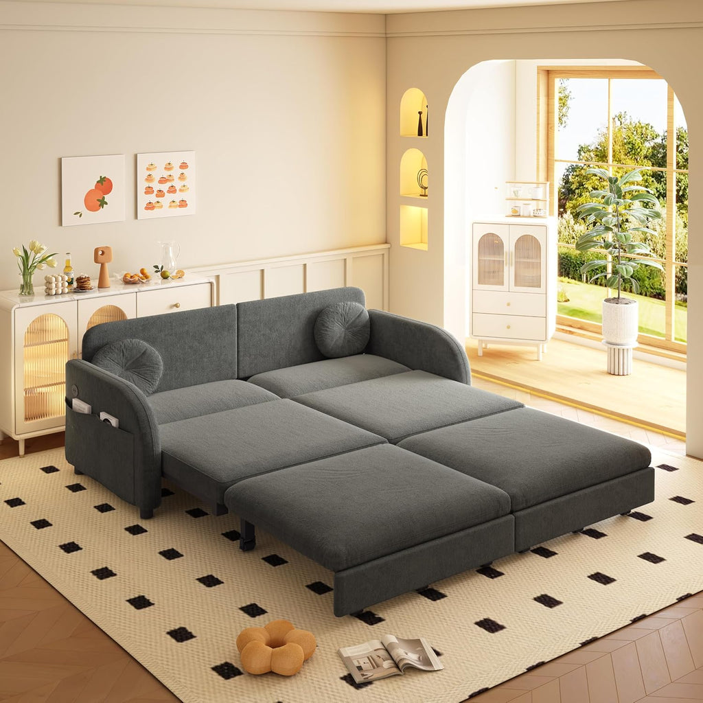 65.4'' Pull Out Couch Bed Queen Size, Chenille Sleeper Sofa Daybed, 3 in 1 Convertible Couches, Futon Sofa with 2 Pillows, Storage Pockets, USB, Loveseat for Living Room, Small Spaces, Grey
