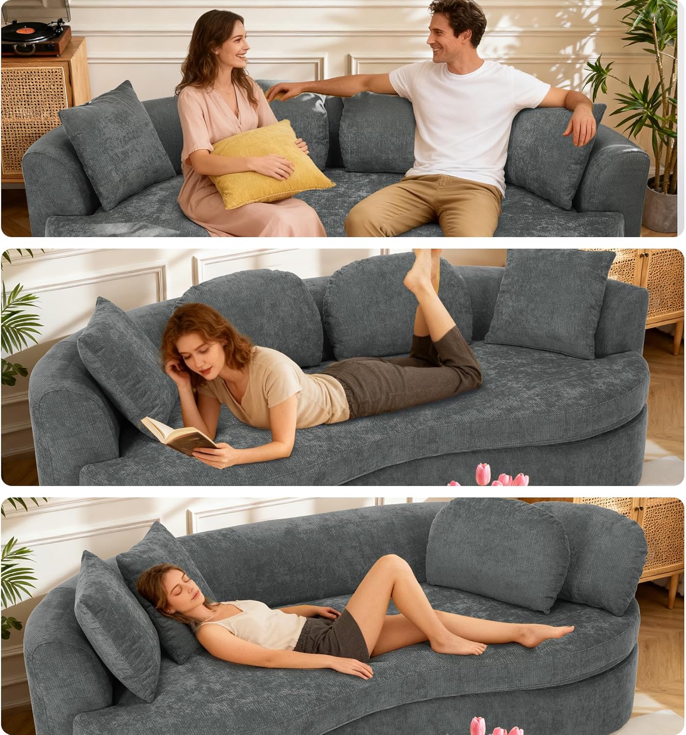 95' Modern Curved Sofa, Chenille Fabric Comfy Cloud Couch, No Assembly Required Half Moon Couch with Deep Seat, 4 Pillows for Living Room, Apartment, Bedroom