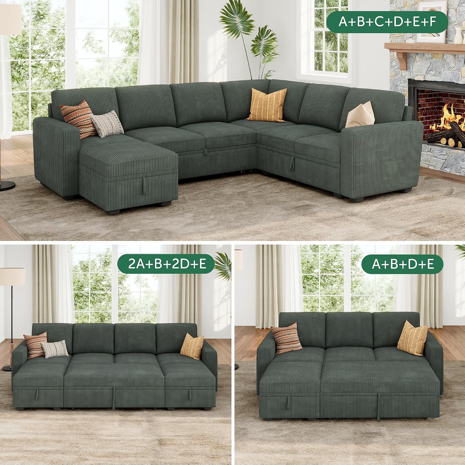 HONBAY Square Ottoman Module for Modular Sectional Sleeper Sofa, Storage Ottoman Footrest and Seat Cube, Velvet Green