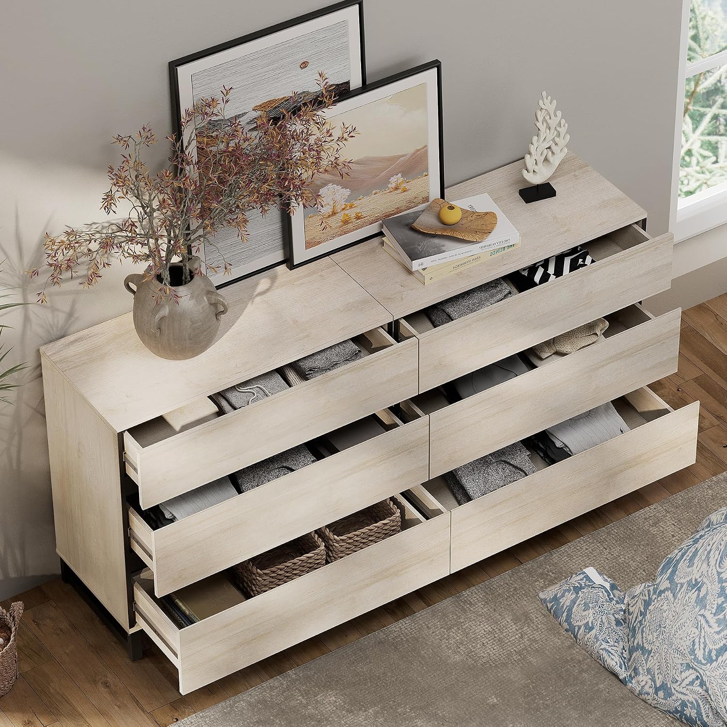 WAMPAT Modern TV Stand for TVs up to 100 Inch, 3-in-1 TV Console with Adjustable Shelves and 6 Drawers, Media Console for Living Room and Bedroom, Light Oak