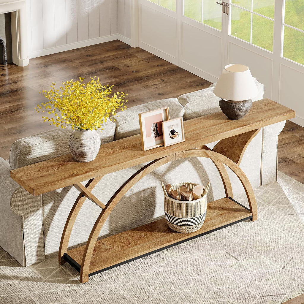 Tribesigns 70.87' Console Table, Industrial Sofa Table Behind Couch with 2 Tiers of Storage Shelves for Living Room, Hallway, Entrance, Foyer (Light Brown)