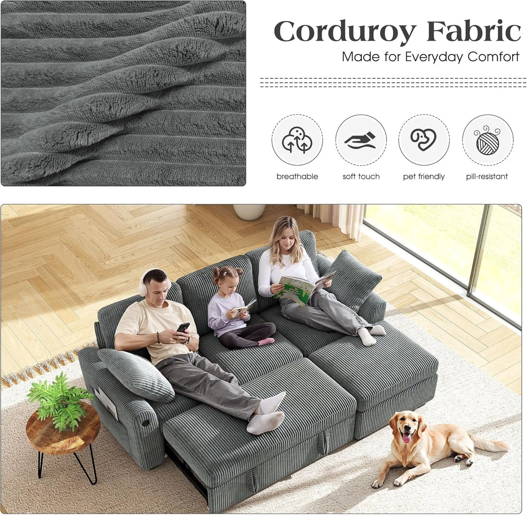 Ihanherry 81-inch Corduroy Modular Sectional Sofa Bed with Storage Ottoman & USB Port, Reversible 3-Seater L-Shaped Sleeper Sofa, Left or Right Fasing Chaise for Living Room（Gray）