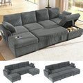 Ihanherry 6-Seater Large Sectional Sofa Bed with Storage Ottoman, Corduroy Reversible Modular Sleeper Sofa Couch with USB Port, 104' L-Shaped Convertible Couch for Living Room（Gray）